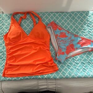 Vibrant Orange and Blue Bikini Set with Halter Neckline